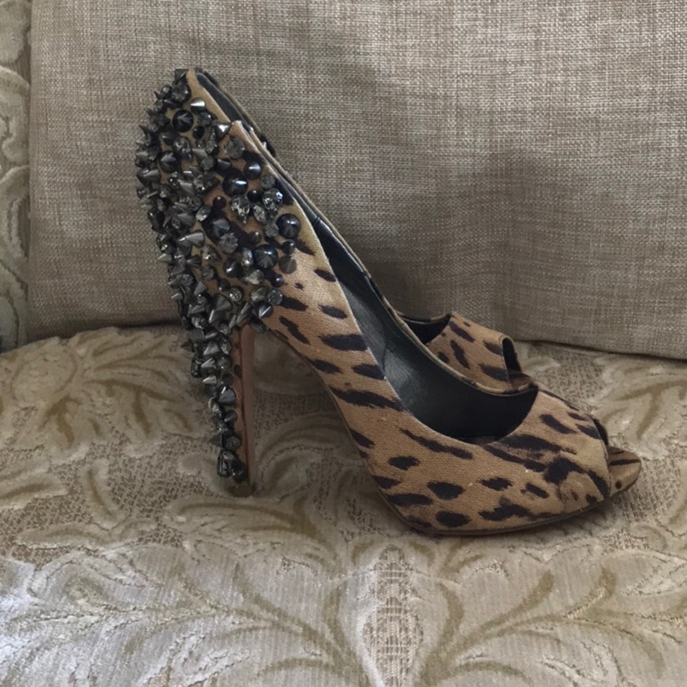 Sam Edelman Studded Leopard Canvas Peep Toe Heels